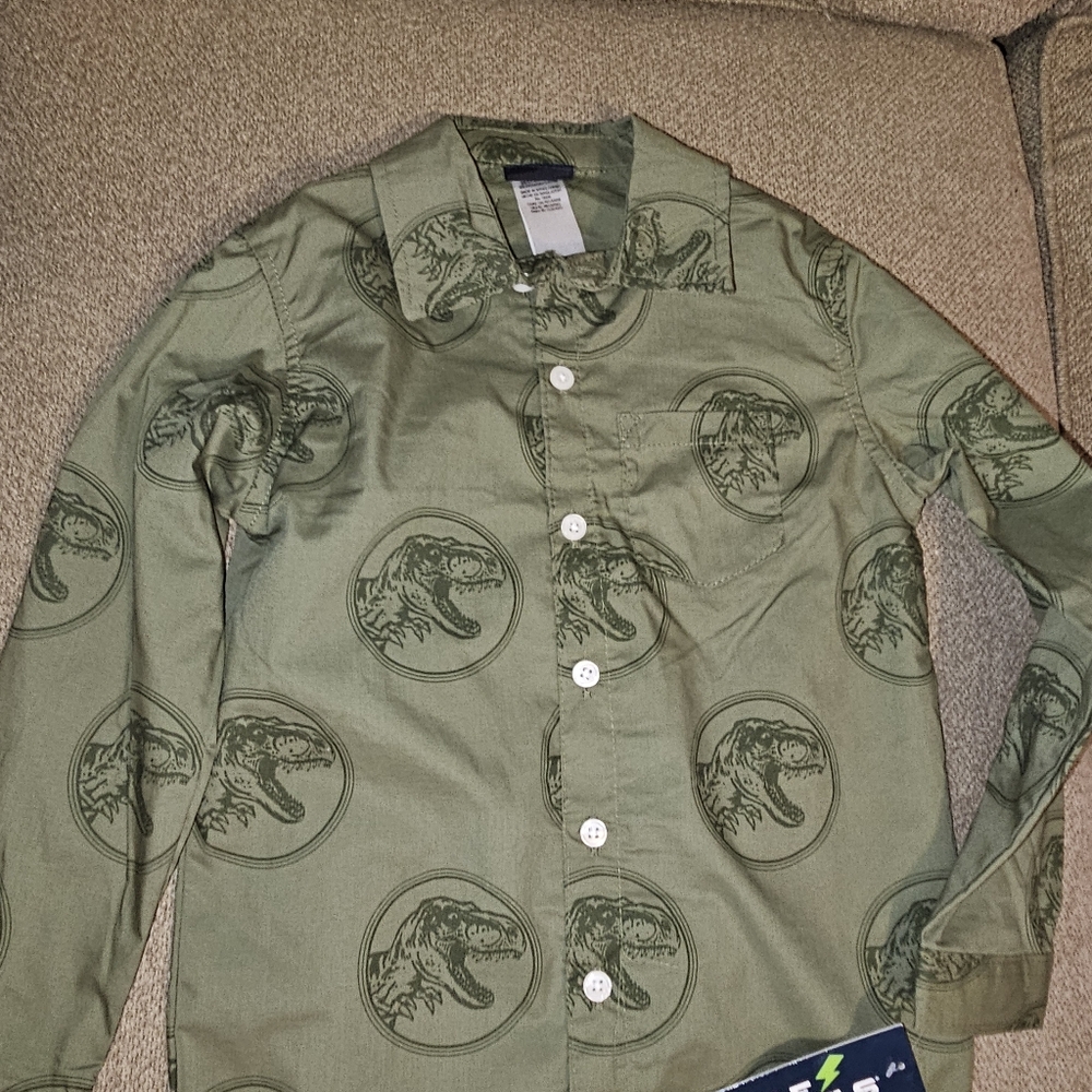 Green Button-Up Shirt with Dinosaur Print
